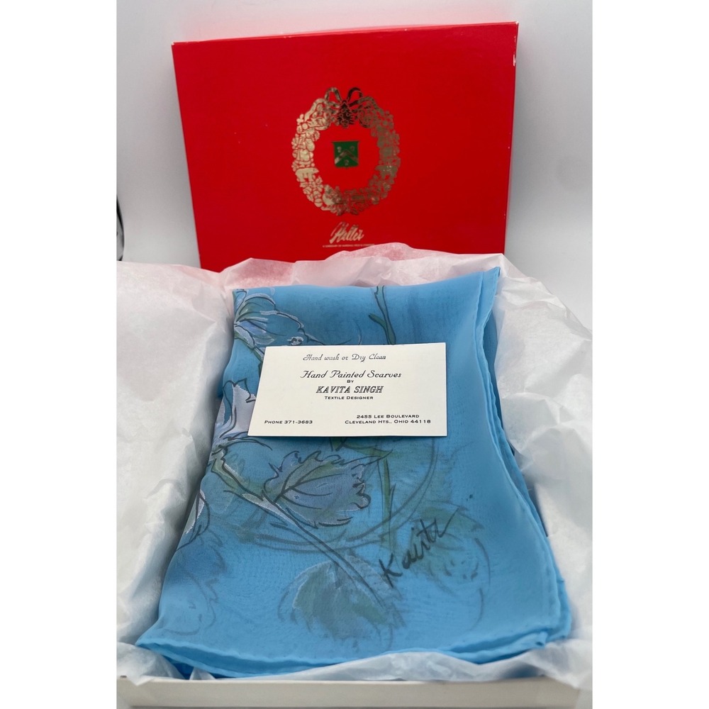 Vintage 70s Kavita Singh Hand Painted Silk Scarf Blue Floral Signed NIB Halle's